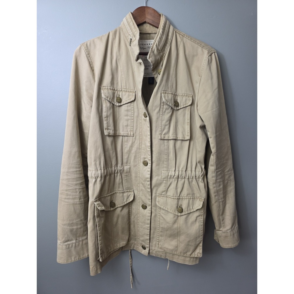 Tommy Hilfiger Military Jacket Womens Large Biege Utility Pockets‎ Button Up Tie